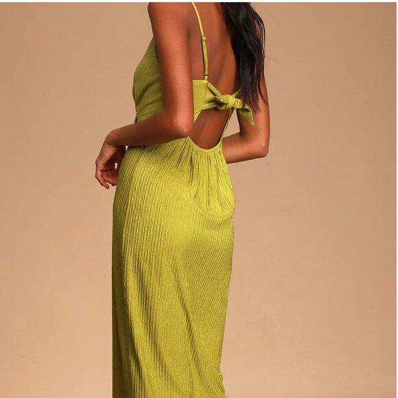 Lulus XS Tie-Back Faux Wrap Chartreuse Midi Dress - Picture 2 of 6